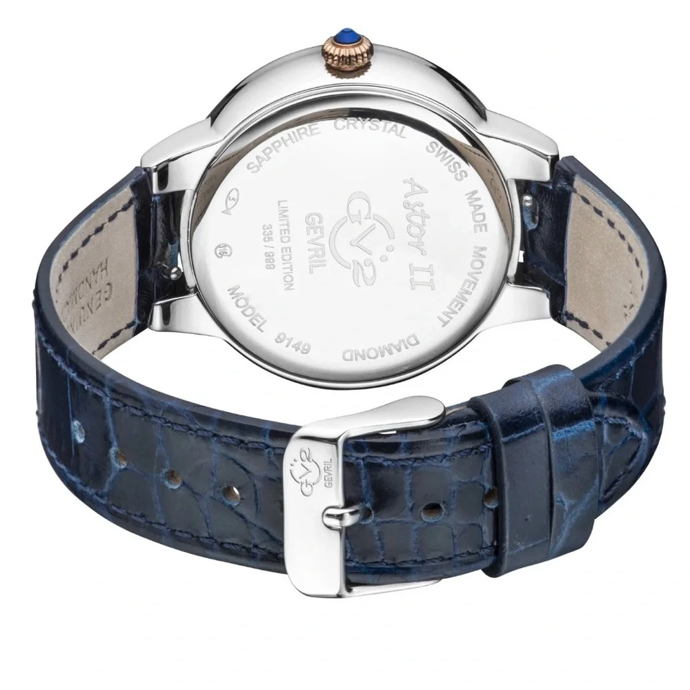 GV2 by Gevril Women's Astor II 9149-L5 Blue MOP Dial Diamond Leather Swiss Watch